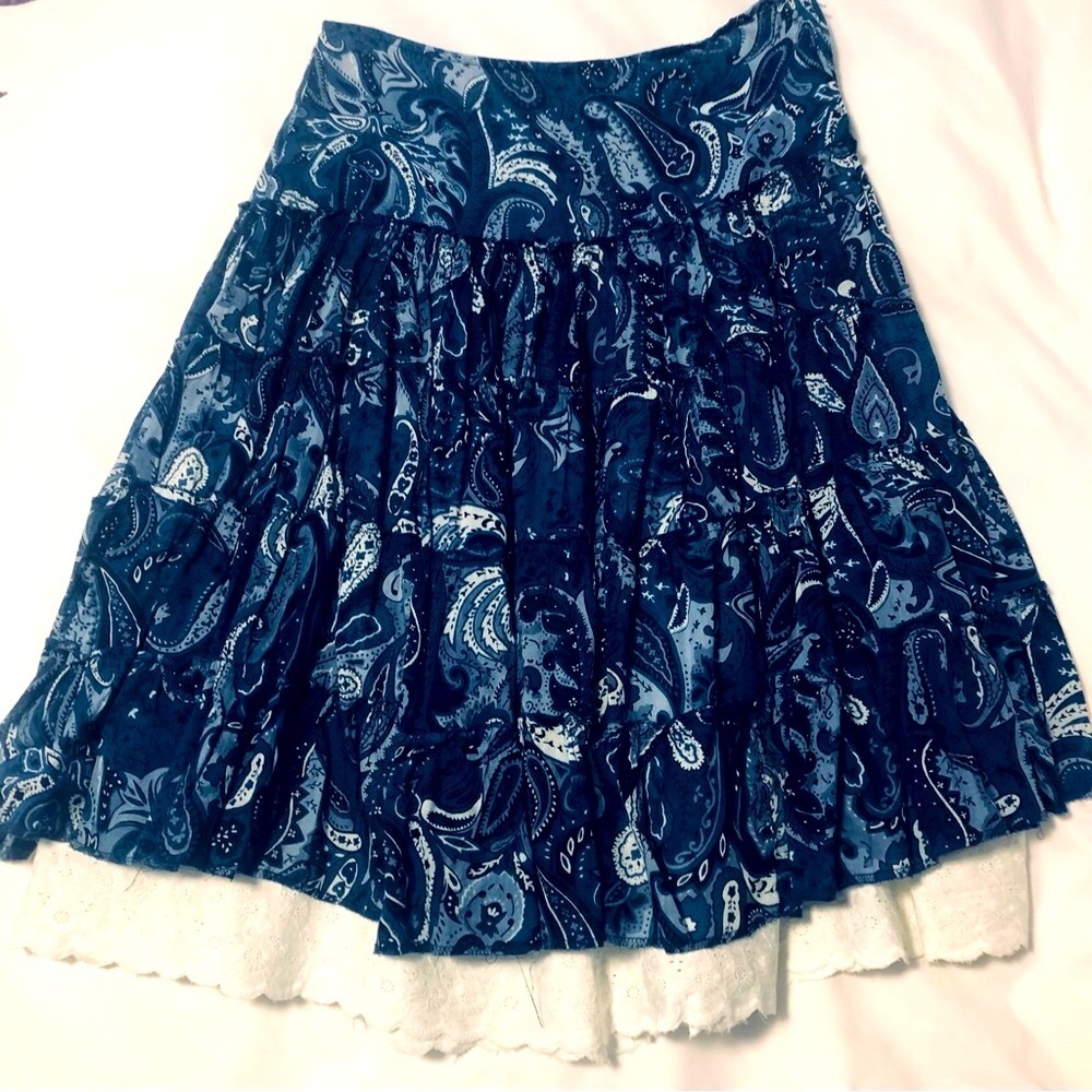 Vintage Jessica Sport Boho Tiered Flounce Skirt Lined Lace Border Blue Paisley